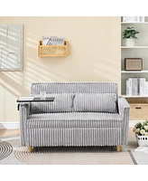 Pull-out Gray Corduroy Sofa with Dual Functions and Usb Ports