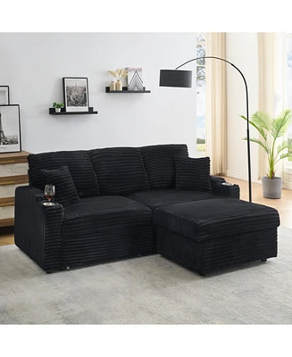 80" Foldable Chaise with Storage and Cup Holders (Corduroy, Black)