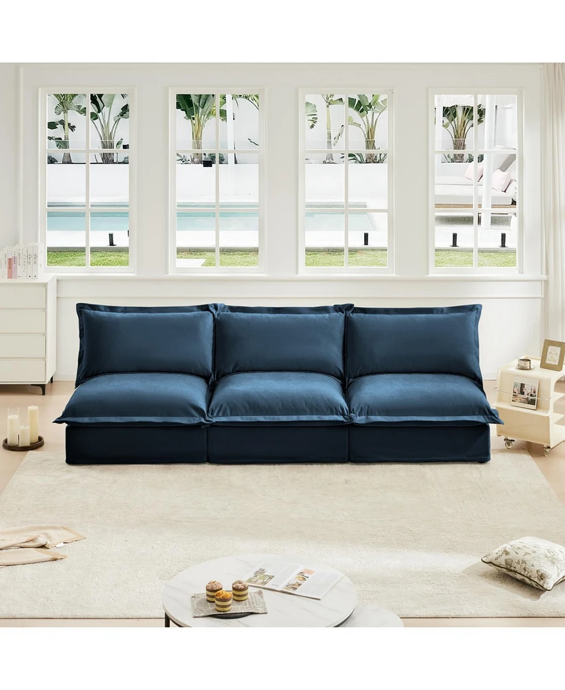 Modern 3-Seat Sofa: Armless, Modular, Deep Seat, Chenille Fabric (Blue)