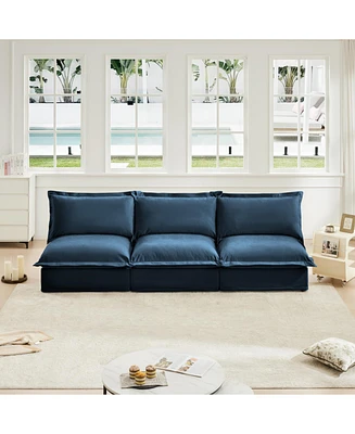 Modern 3-Seat Sofa: Armless, Modular, Deep Seat, Chenille Fabric (Blue)