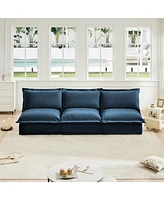 Modern 3-Seat Sofa: Armless, Modular, Deep Seat, Chenille Fabric (Blue)