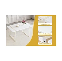 Cream-White Mdf Dining Table (55"x31") with 6 White Chairs & Silver Legs