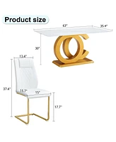 Luxury Tempered Glass Dining Set with 6 Pu Chairs (Arched Metal Gold Leg)