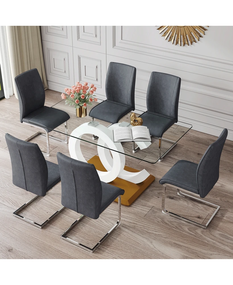 Subtle Luxury Glass Dining Set with 6 Pu Chairs