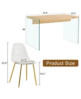 Contemporary Wood Table and Chair Set: Textured Mdf Table with Tempered Glass Legs and 4 Acrylic Chairs on Gold Bases