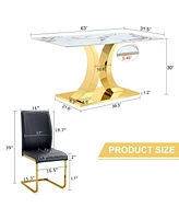 Luxurious Jade Sintered Stone Dining Table (63"x31.5") with X-Legs and 6 Black Pu Dining Chairs