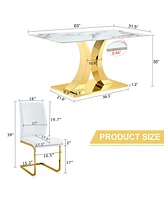 Jade Sintered Stone Dining Table with Golden X-Legs and 6 White Pu Dining Chairs