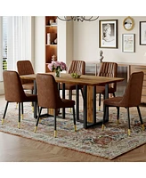Wood-Textured Mdf Dining Table Set with 6 Armless Suede Chairs