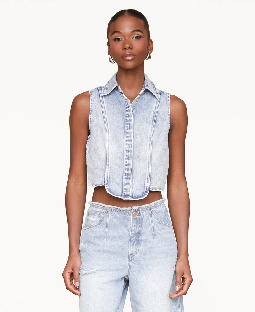 Avec Les Filles Women's Sleeveless Tuxedo Cotton Denim Shirt
