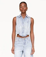 Avec Les Filles Women's Sleeveless Tuxedo Cotton Denim Shirt