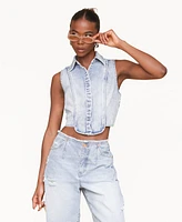 Avec Les Filles Women's Sleeveless Tuxedo Cotton Denim Shirt