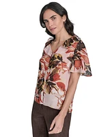 Calvin Klein Women's Printed Ruffle-Neck Button-Front Blouse