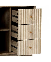 LuxenHome Natural Finish Wave-Patterned Manufactured Wood 3-Drawer 1-Door Bathroom Cabinet