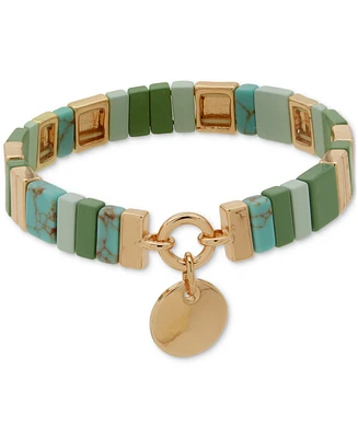 Anne Klein Gold-Tone Disc Charm Stone Beaded Stretch Bracelet