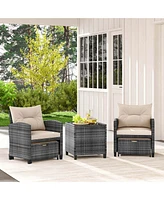 5 Piece Patio Rattan Furniture with 2 Ottomans & Tempered Glass Coffee Table