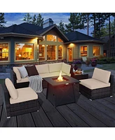 7PCS Patio Rattan Furniture Set Fire Pit Table Cover Cushion