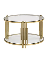 Modern Glass Coffee Table in 31.5", Asymmetrical Metal, Circular Metal Drum Base, Gold Finish & Lower Shelf