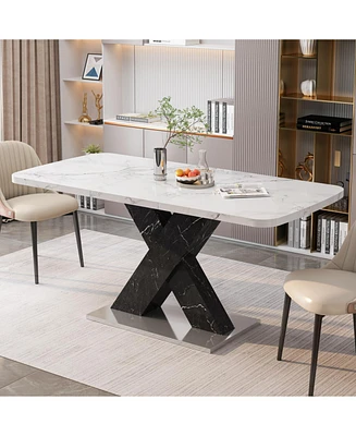 Modern Square Dining Table, Stretchable, Printed White Marble Table Top+Mdf Black X-Shape Table Leg with Metal Base
