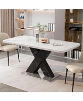 Modern Square Dining Table, Stretchable, Printed White Marble Table Top+Mdf Black X-Shape Table Leg with Metal Base