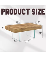 Natural Style Mdf Coffee Table - 39.3"x21.6" with Tempered Glass Legs.Density Board Sticker,Reinforced Glass