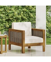 Acacia Wood Club Chair, Wicker Accents, Teak Finish