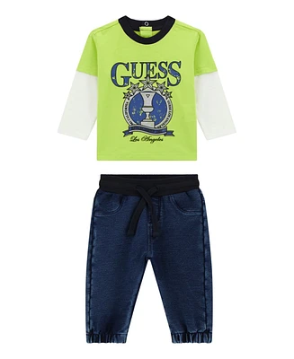 Guess Baby Boys 2-Piece Long Sleeve Two-Fer Shirt and Knit Denim Pants Set