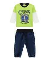 Guess Baby Boys 2-Piece Long Sleeve Two-Fer Shirt and Knit Denim Pants Set