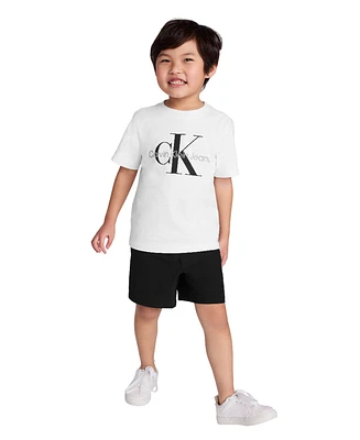 Calvin Klein Toddler and Little Boys 2-Piece Classic Logo T-Shirt Tech Woven Shorts Set