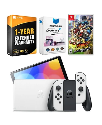 Nintendo Switch White Oled Console with Mario Strikers: Battle League, MightySkins Console and Controller Skin Voucher, and 1 Year Cps Extended Warran