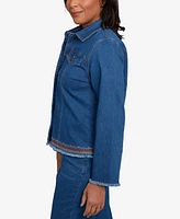 Alfred Dunner Petite El Paso Floral Vine Embroidered Border Denim Jacket