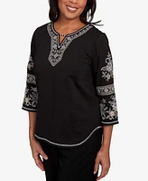 Alfred Dunner Petite Santa Barbara Beaded Neck Embroidered Sleeve Top