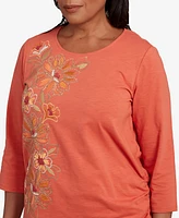 Alfred Dunner Petite Copper Canyon Asymmetric Floral Embroidered Tie Ruching Top
