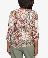 Alfred Dunner Petite Copper Canyon Textured Scroll Border Ruched Sleeves Crew Neck Top