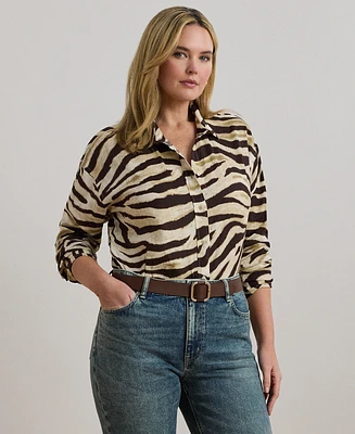 Lauren Ralph Plus Relaxed-Fit Zebra-Print Linen Shirt