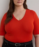 Lauren Ralph Plus Stretch Cotton Elbow-Sleeve V-Neck Tee