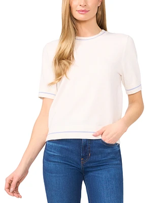 CeCe Women's Cotton Contrast-Stripe Short-Sleeve Sweater