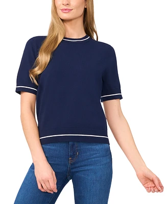 CeCe Women's Cotton Contrast-Stripe Short-Sleeve Sweater