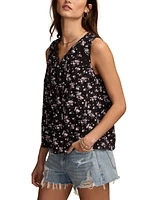 Lucky Brand Women's Printed Cotton Tie-Neck Lace-Trim Top