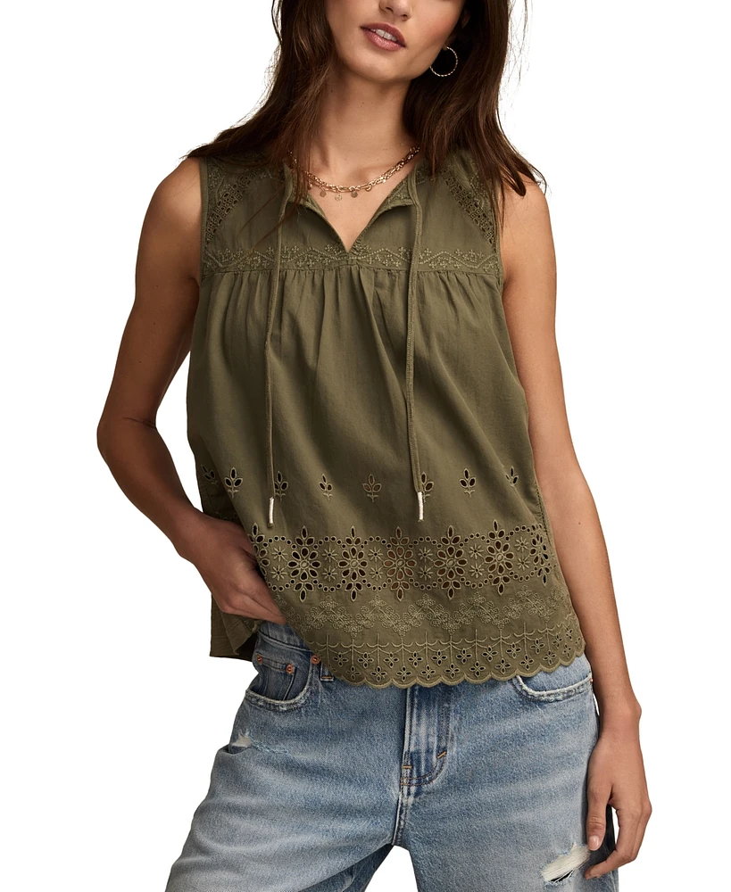 Lucky Brand Women's Embroidered Cotton Tie-Neck Top