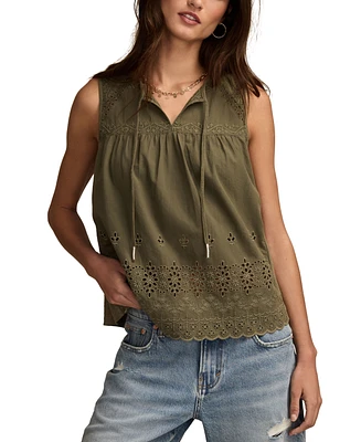 Lucky Brand Women's Embroidered Cotton Tie-Neck Top