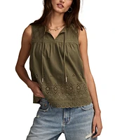 Lucky Brand Women's Embroidered Cotton Tie-Neck Top