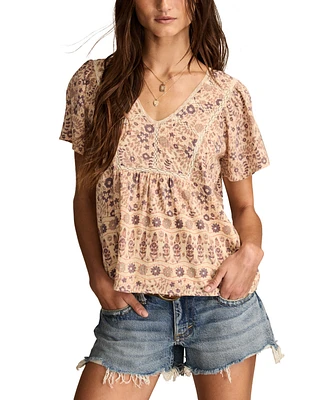 Lucky Brand Women's Cotton Crochet-Trim V-Neck Top
