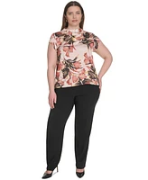 Calvin Klein Plus Printed Mock-Neck Cap-Sleeve Top