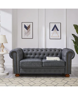 Classic Chesterfield Sofa Loveseat for Living Room Grey Faux Leather