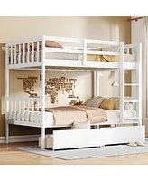 Twin Bunk Bed with 2 Drawers, Convertible Twin Beds, Ladder, Guardrails, White