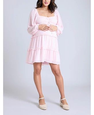Motherhood Maternity Long Sleeve Front Tie Tiered Mini Dress