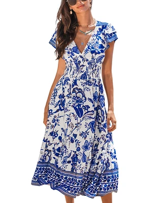 Cupshe Women's Blue Floral Smocked Waist Midi Beach Dress