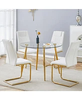 Glass Table & 4 Leather Chairs - Modern Gold Accent