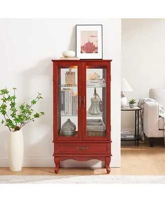 Lighted Glass Cabinet Glass Wine Cabinet Curio Display Cabinet with Adjustable Glass Shelves 2 Doors and 1 drawer Cabinet Bulb Included Cherry