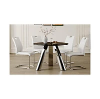 Round Stainless Steel Table and 4 White Dining Chairs with Silver Metal Legs